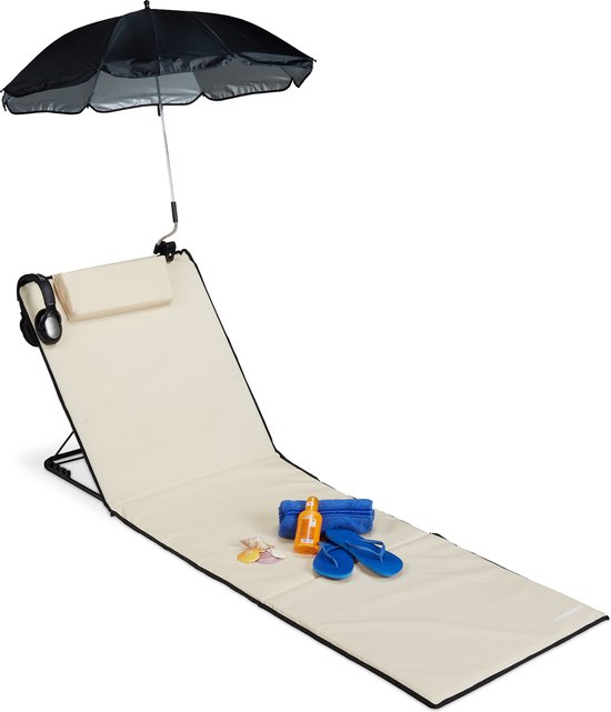 relaxdays strandmat - groot - ligbed - hoofdsteun - rugleuning - opvouwbaar - draagbaar beige