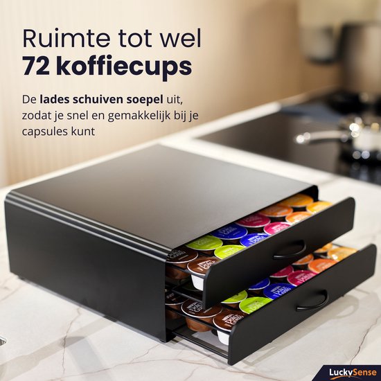 Support tiroir noir avec deux tiroirs ouverts remplis de capsules Dolce Gusto colorées.