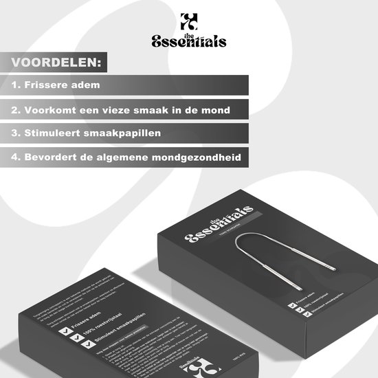 Zilveren tongschraper van roestvrij staal met de voordelen van het product.