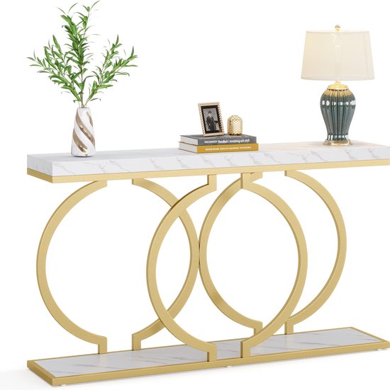 Foto: Tribesigns consoletafel sidetable met o vormige gouden metalen poten haltafel wandtafel 140x30x80 cm goud wit metaal hout modern console tafel