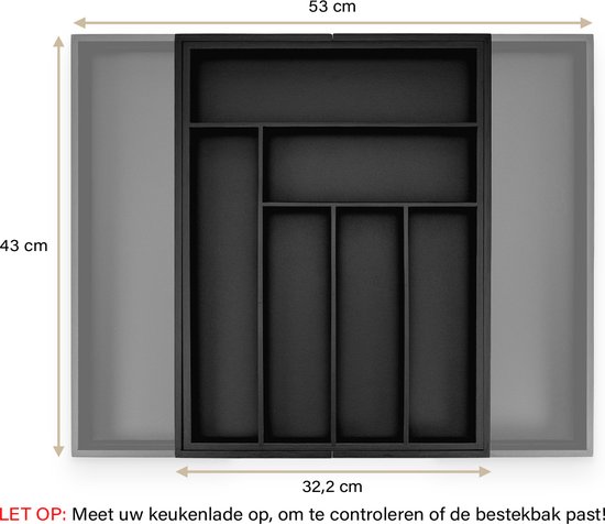 Bestekbak extensible Budu #43 en Bamboe (43 cm de profondeur) - Zwart - Cassette à couverts en bois - Range-couverts - 43 x 32,2 - 53 cm - 6/8 compartiments