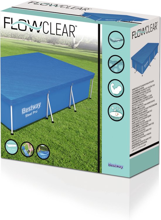 Verpakking van Bestway Steel Pro rechthoekig zwembadafdekzeil met afbeeldingen van de eigenschappen en het product.