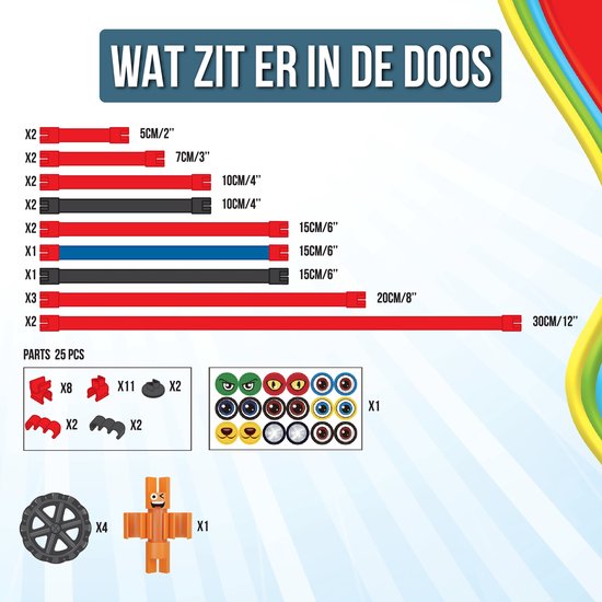 Onderdelenoverzicht "Wat zit er in de doos" met rode, zwarte en blauwe flexibele staafjes van verschillende lengtes, wielen, ogen, monden en een oranje figuur.
