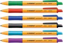Zes STABILO pointball pennen met oranje hulzen. De handvatten variëren in kleur: groen, rood, blauw, zwart, cyaan en paars.