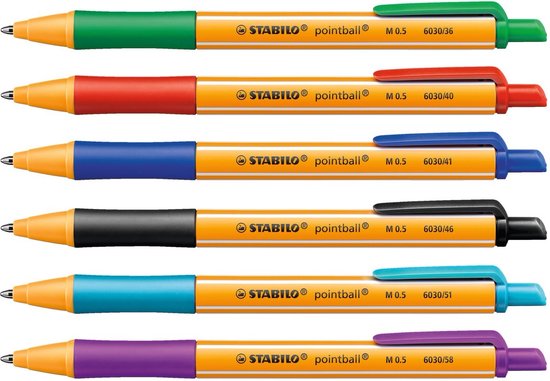 Zes STABILO pointball pennen met oranje hulzen. De handvatten variëren in kleur: groen, rood, blauw, zwart, cyaan en paars.
