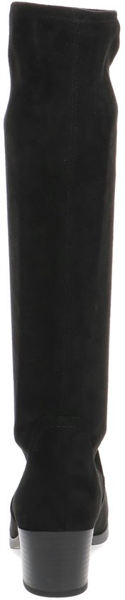 Botte noire haute en stretch avec talon bloc, vue de dos.