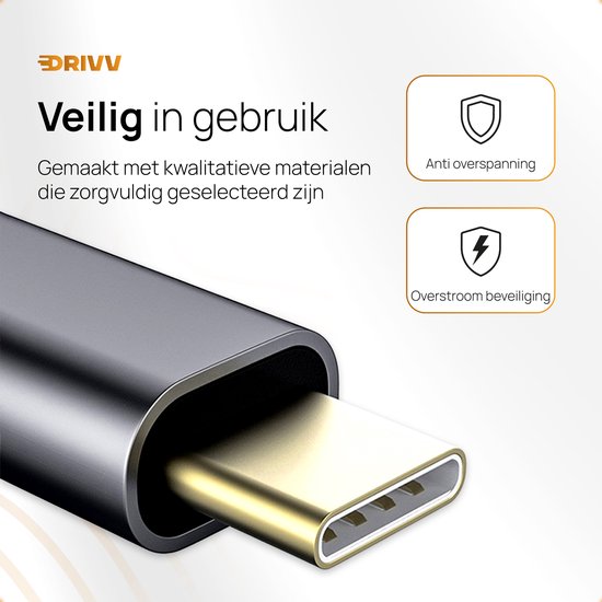 Gouden USB-C connector van de DRIVV adapter met "Veilig in gebruik" en "Anti overspanning" tekst.