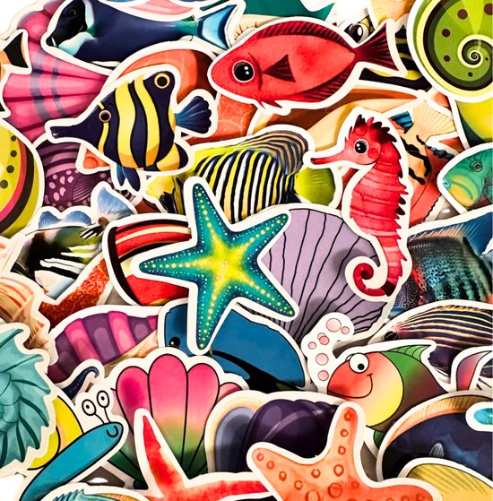 Autocollants Beaux Animaux aquatiques | Mer, coquillages, poissons, méduses, sous l'eau | Mélange d'autocollants pour ordinateur portable, mur, vélo, skateboard, koelkast , etc. | Convient aux enfants