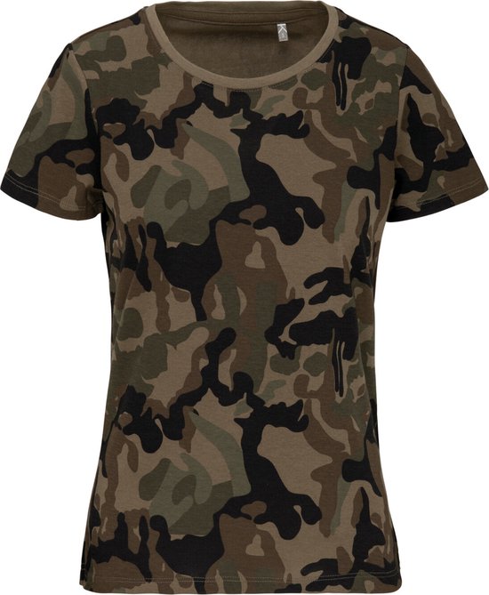Olijfgroen camouflage t-shirt met korte mouwen en ronde hals.