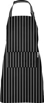 Chefs Fashion Keukenschort - Vuilafstotend Kookschort voor Dames en Heren - Horeca Schort - BBQ Schort - Unisex - Verstelbare Nekband - 2 Grote Zakken - Zwart met Witte Strepen - 71 x 82 cm