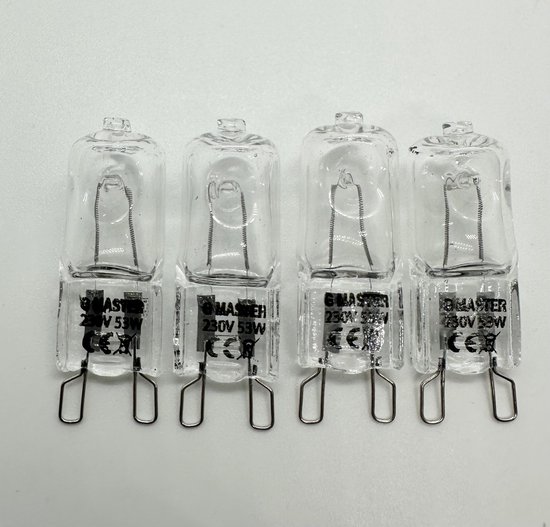 Vier G Master G9 halogeenlampen, 230V 53W, met CE-keurmerk, op een witte achtergrond.