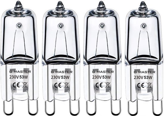 Vier G Master G9 halogeenlampen, 230V 53W, met CE-keurmerk.