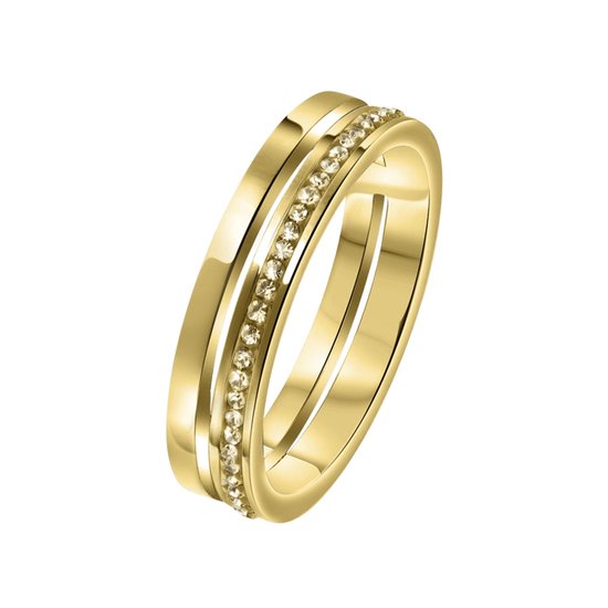 Bague dorée à deux anneaux, ornée de petites pierres claires.