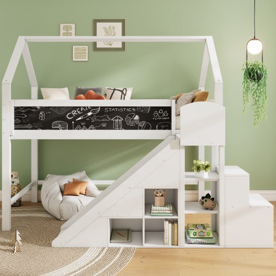 Multifunctioneel kinderbed – Eenpersoonsbed met graffitiplank, glijbaan, trap en kasten – Trap met opbergruimte – Zonder matras – 90*200 cm – Wit
