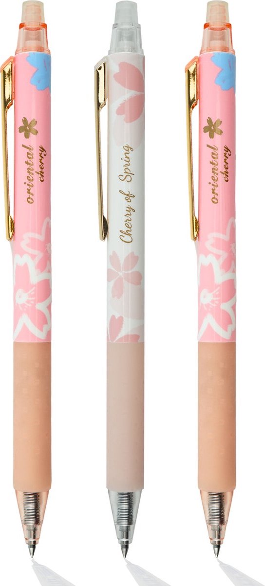 Ainy Luxe Sakura uitwisbare pen set | 3 uitgumbare pennen voor etui , pennenzak of pennenbak | Zwarte inkt | Japanse kawaii design | Ideale manga anime teken balpennen | Uitgumbare gelpennen schrijfwarenset voor kinderen en volwassenen