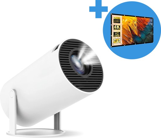 Proun Mini Beamer - met Projectiescherm 120 inch (266 cm) - 4K Ondersteuning - Android 11.0 - Projector Scherm - WIFI 6 & Bluetooth 5.2 - 400 ANSI Lumen- HD - Home Cinema - Beamerscherm