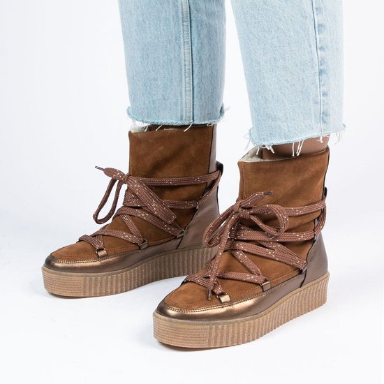 Manfield - Dames - Bruine suède snowboots met leren details - Maat 36 | bol