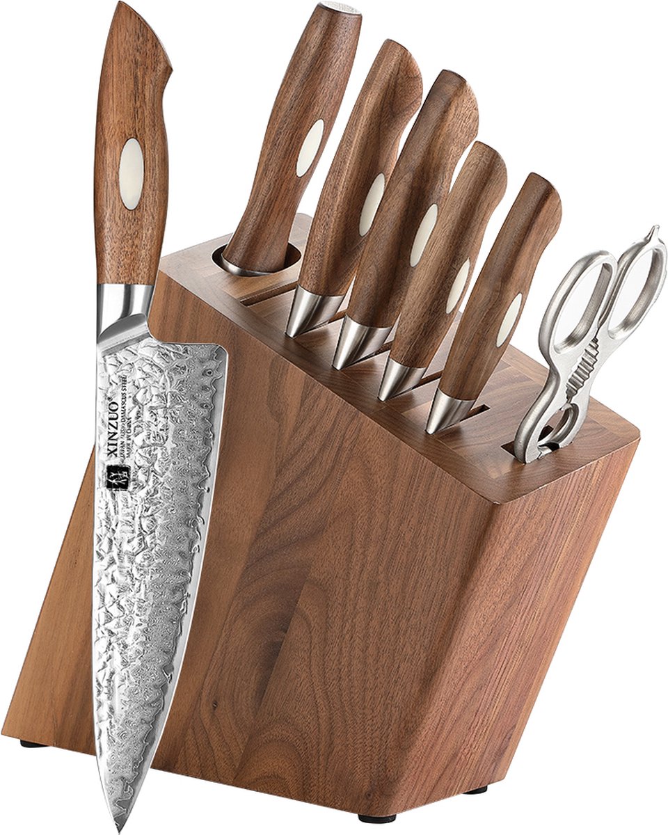 Messenset met professionele messen van 67 laags AUS10 Damascus staal - Inclusief Aanzetstaal en keukenschaar - Uniek damascus patroon - incl. giftbox / bewaardoos - Handvaten van Walnoothout - Xinzuo B46W Series