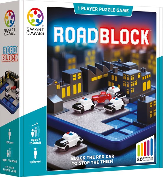 SmartGames - RoadBlock - Denkspel met 80 opdrachten voor jong én oud - Politie - auto's