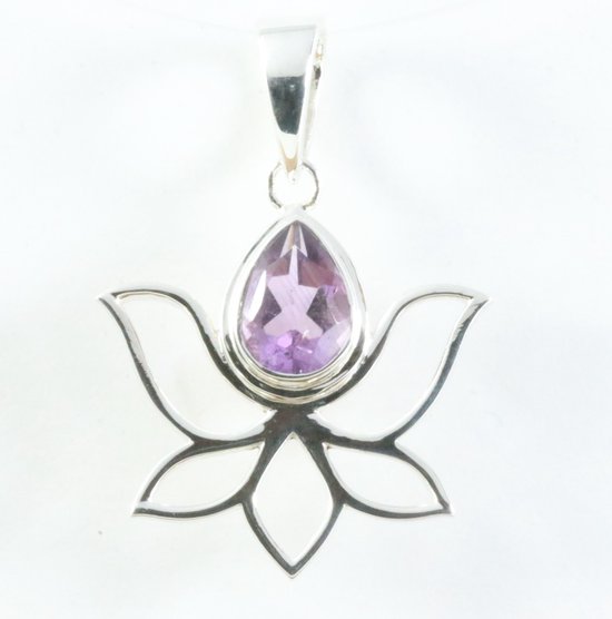 Opengewerkte zilveren lotus bloem hanger met amethist