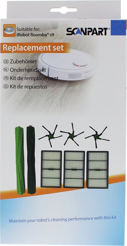 Verpakking van Scanpart met 'Replacement set' erop. Bevat twee groene borstels, drie borstels met zwarte spaken en groene middenstukken en drie filters.