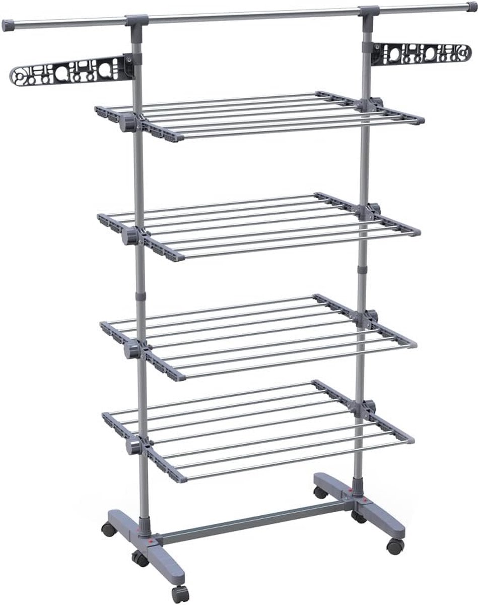 Goedkoopste Droogrektoren voor binnengebruik, ruimtebesparende droogrektoren met opvouwbare vleugels, telescoopstang en 6 wielen, drooglengte 27 m, 4 niveaus