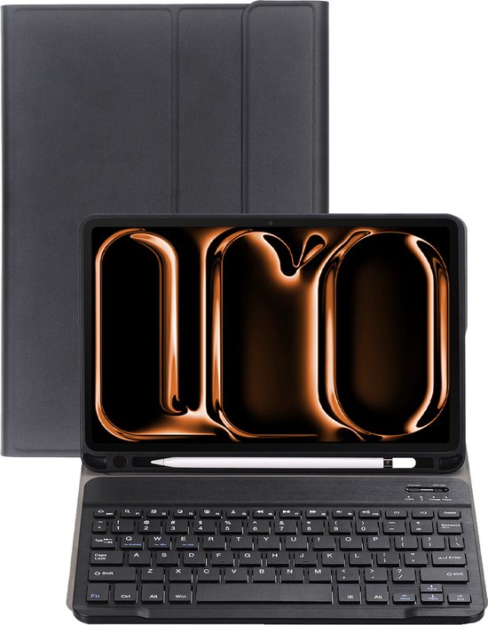 Housse de tablette noire aspect cuir avec un clavier magnétique détachable et un stylet.