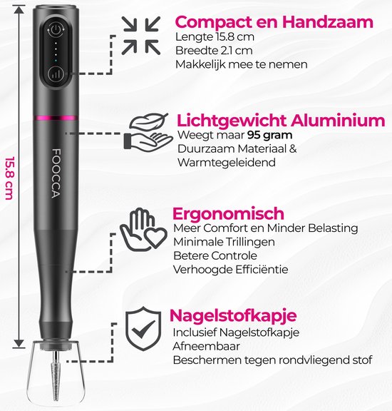FOOCCA® Draadloze Elektrische Nagelvijl - Nagelfrees 20000 RPM - Oplaadbaar - Wireless - 12 Bitjes + 55 Schuurrolletjes + 3 Accessoires - Nagelstofkap - Manicure en Pedicure Set - Ergonomische Aluminium Behuizing - Eeltverwijderaar - Kalknagel