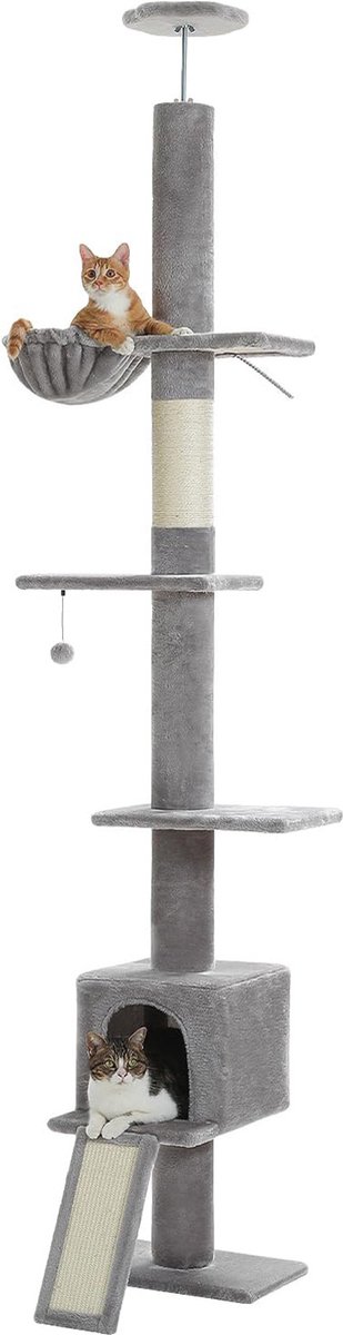Kattenu FlowerTower - Hoge Plafond Krabpaal - Verstelbaar van 210-274 cm - Grijs - Inclusief Hangmat en Katten huisje
