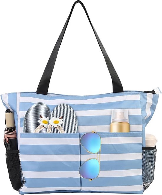 Foto: Grote strandtas met strepen blauw wit schoudertas voor volwassenen 43 x 38 x 15 waterdicht handtas met ritssluiting 8 vakken zwemtas grote shopper badtas grote capaciteit