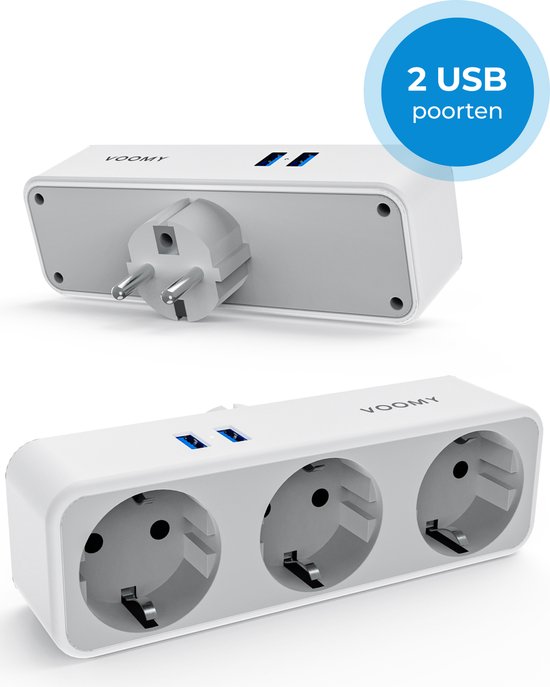 Foto: Voomy verdeelstekker 3 voudig stopcontact splitter 2 usb poorten wit