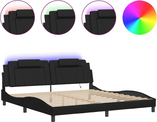 Structure de lit noire avec éclairage LED dans la tête de lit, en différentes couleurs.