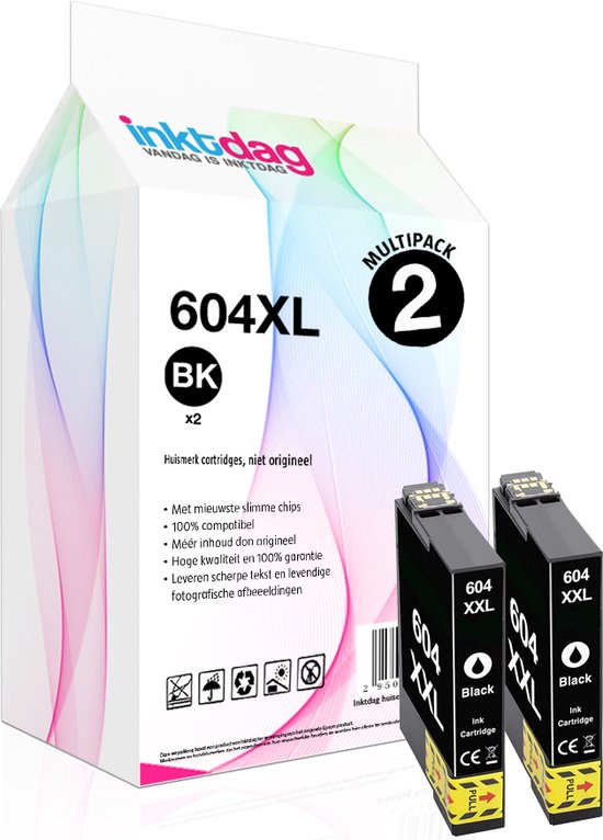 Inktdag inktcartridges voor Epson 604XL Zwart, Epson 604 black cartridge x 2 stuk voor Epson Expression Home XP-2200 XP-2205 XP-3200 XP-3205 XP-4200 XP-4205 Workforce WF-2910 WF-2930 WF-2935 WF-2950