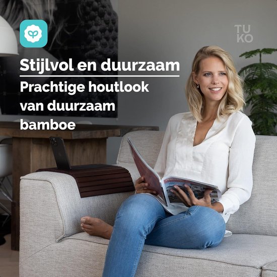 Tuko Armleuning Dienblad Bank Flexibel Bamboe met antislip - Bank en Stoel Drank Houder en Muismat - Houten Banktafel en Organizer voor Bankleuning en Zetel en Sofa met antislip (Bruin