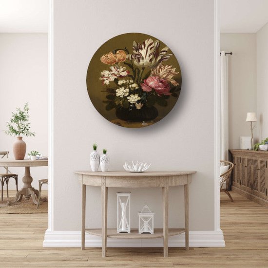 Bloemstuk - Hans Bollongier wandpaneel - Bloemen schilderij - Rond schilderij Natuur - Muurdecoratie kinderkamer - Wandschaal - Schilderijen muurcirkel aluminium 70x70 cm