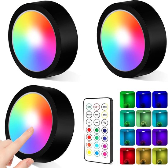 MOUJUCHI Puck Lights, RGB onder kastverlichting draadloze LED-verlichting werkt op batterijen onder kastverlichting dimbaar RGB nachtlampje met afstandsbediening voor keuken kast trap plank, 1 pak
