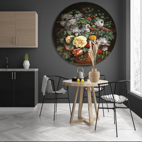 Vaas met seringen, rozen en tulpen - Gustave Courbet schilderij - Stilleven wandcirkel - Rond schilderij Natuur - Muurdecoratie kinderkamer - Wandcirkels - Wanddecoratie slaapkamer muurcirkel forex 90x90 cm