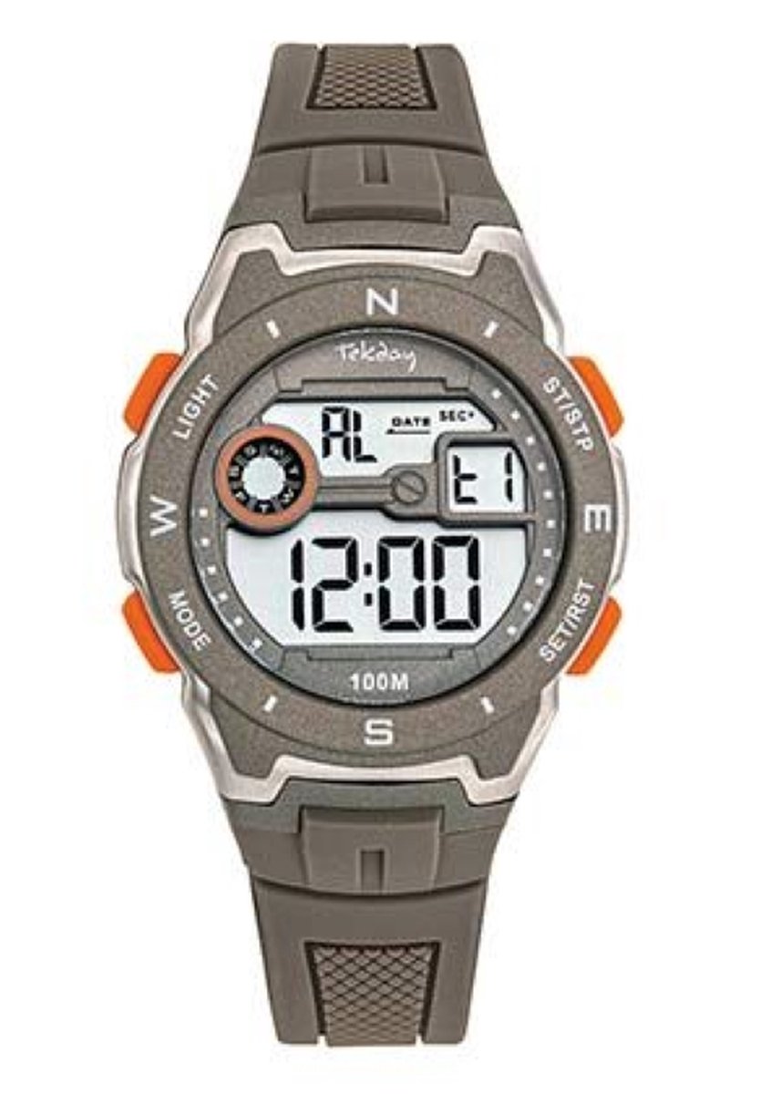 Tekday-Horloge-Digitaal-36MM-Khaki-Oranje-Verlichting-Datum aanduiding-Alarm-Stopwatch-Timer-Silicono licht en soepel.