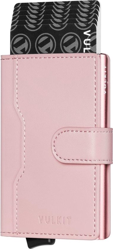 VULKIT Slanke portemonnee met pop-up kaarthouder met extra RFID-blokkerende lederen sleuven, minimalistische metalen hoes voor mannen of vrouwen, Roze, S, Modern