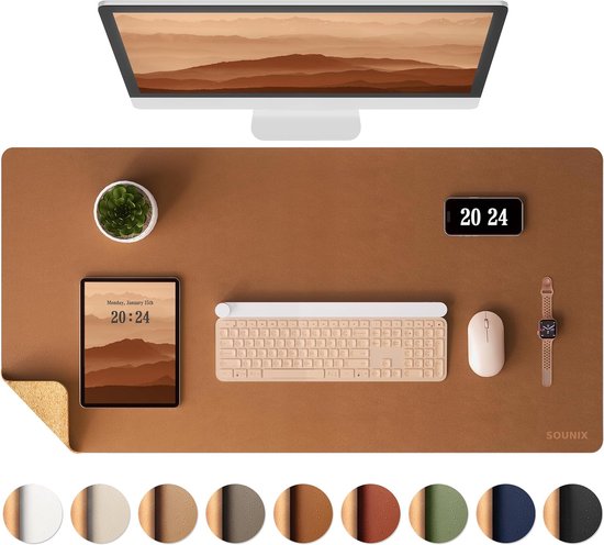 Sounix Dubbelzijdige Bureau Onderlegger - Bureaumat Kunstleer - 90x45 CM - Muismat XXL - onderleggers - Bureau Organizer - Bruin