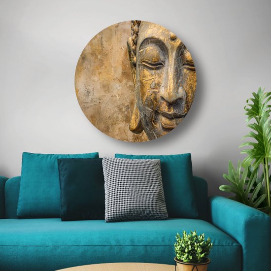 Boeddha wandpaneel - Kunst muurcirkel - Muurcirkel Goud - Landelijk schilderij - Muurcirkels - Decoratie kamer muurcirkel forex 100x100 cm