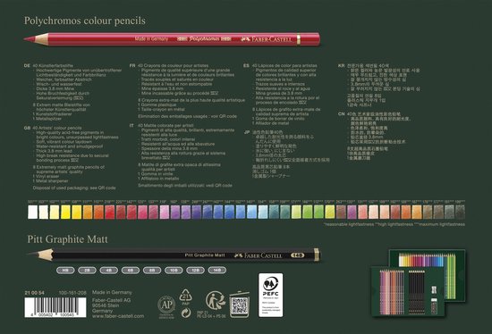 Verpakking van Faber-Castell Polychromos 40 kleuren potloden en 8 Pitt Graphite Matt potloden.
