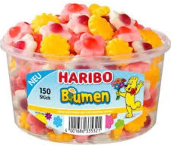 Een pot Haribo Blumen snoepjes in bloemvorm, roze, geel en wit, met een rode kern.