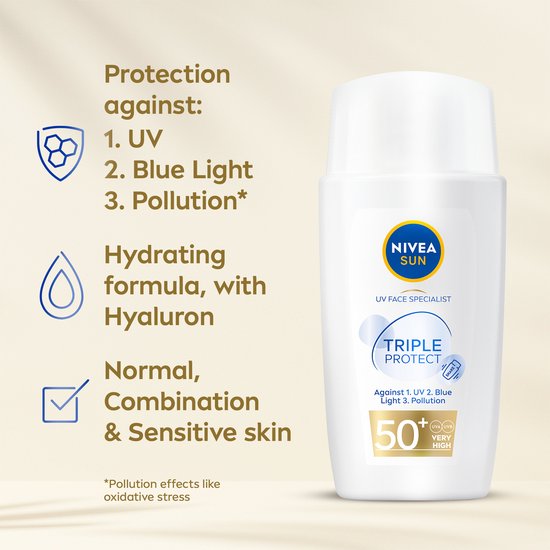 NIVEA SUN UV Face Triple Protect Ultralichte Zonnebrand Gezicht SPF 50+ - Met Hyaluronzuur - Zonnebrandcrème - 40 ml