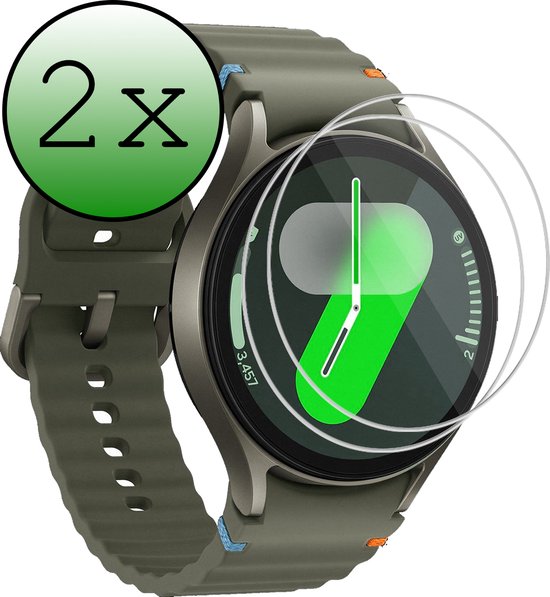 Groene smartwatch met twee screenprotectors, aangegeven met een groene cirkel met '2x'.