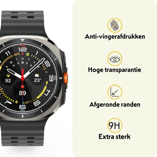 Grijze smartwatch met zwarte band, met functies als anti-vingerafdrukken, hoge transparantie, afgeronde randen en 9H extra sterk.