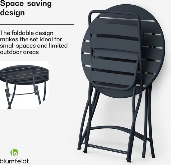 Blumfeldt Salon de Jardin Retrochic - Table + 2 Chaises 60 cm - Pliable - Anthracite