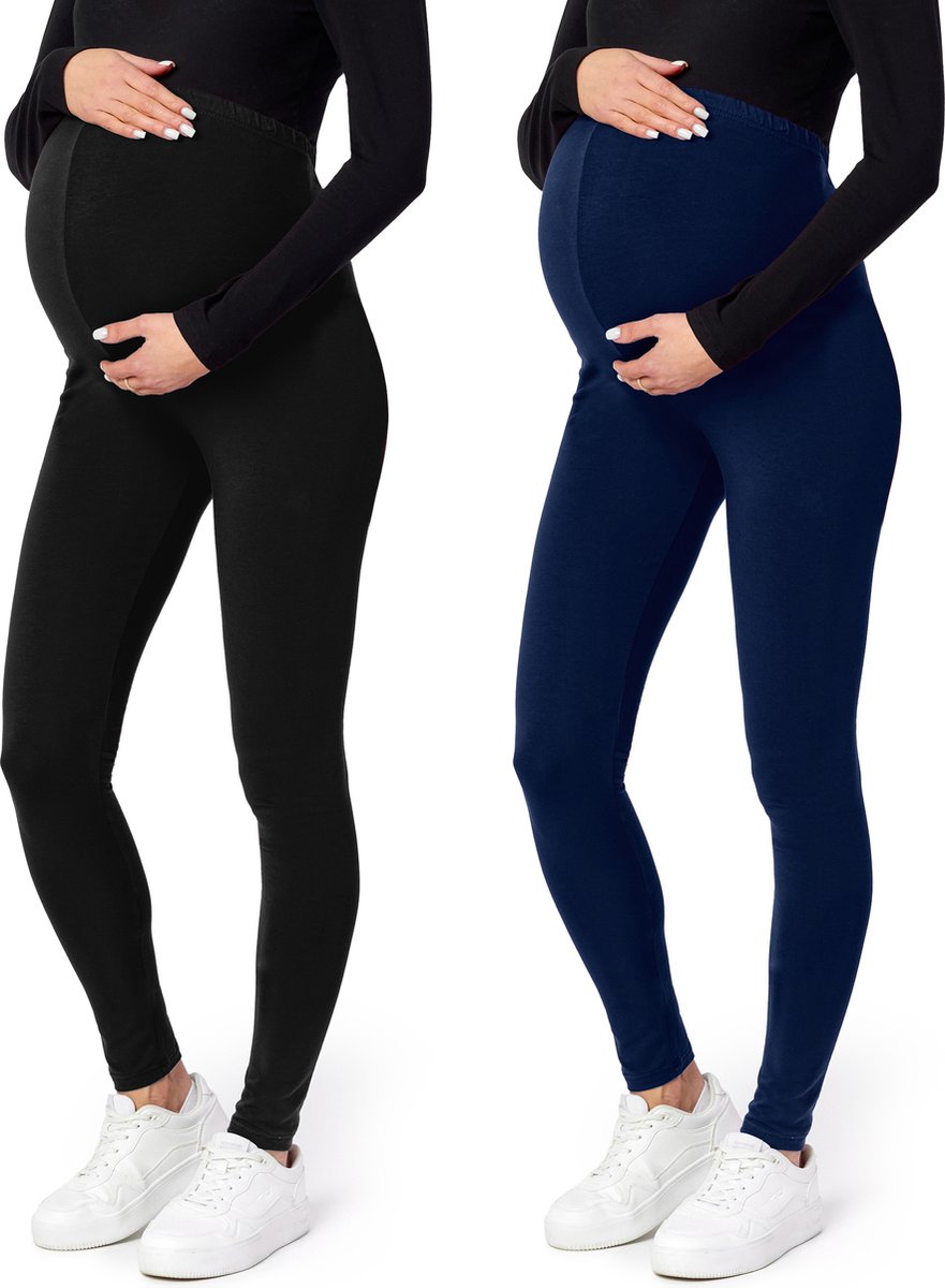 Be Mammy BE-Leggings-02-2P Dames Zwangerschapsleggings - 2-Pack - Lang - Viscose - Elasthan - Zwart/Marineblauw - XXL