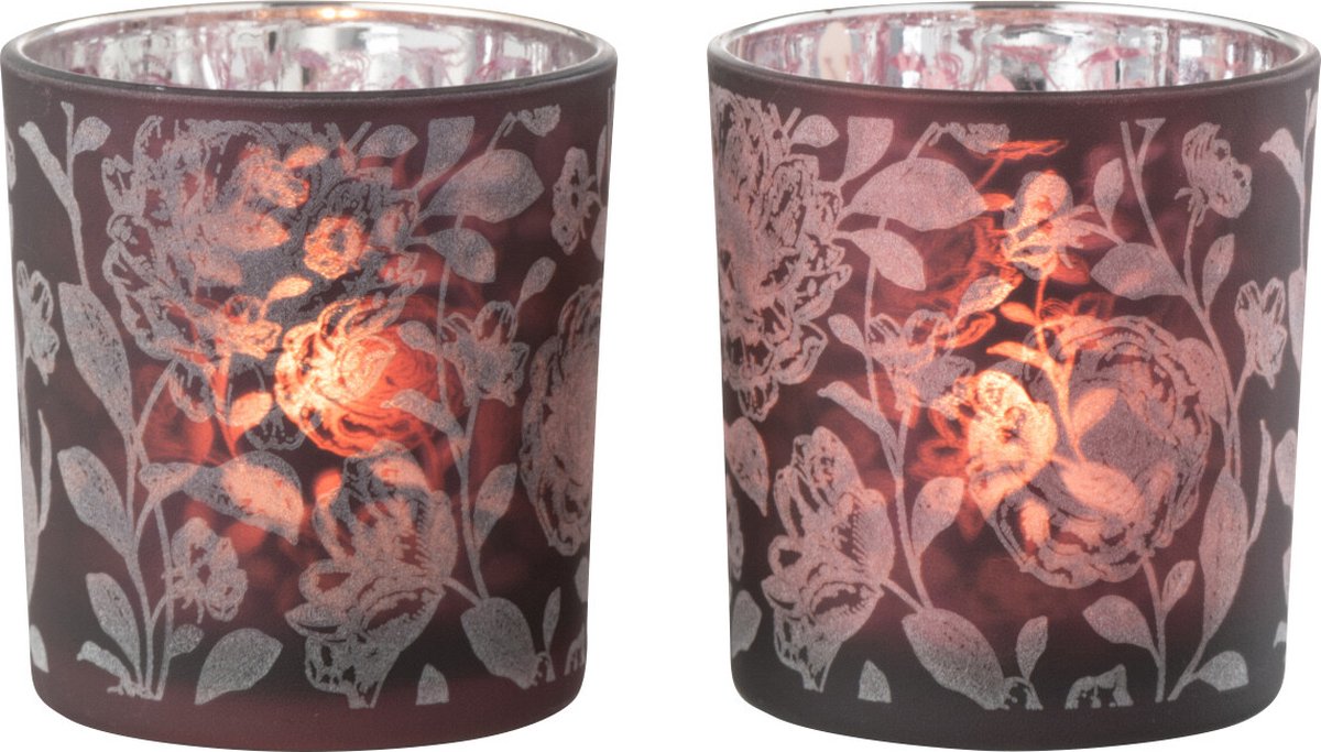 J-Line windlicht Bloemen - glas - paars/zilver - small - 2 stuks Zilver - Multi