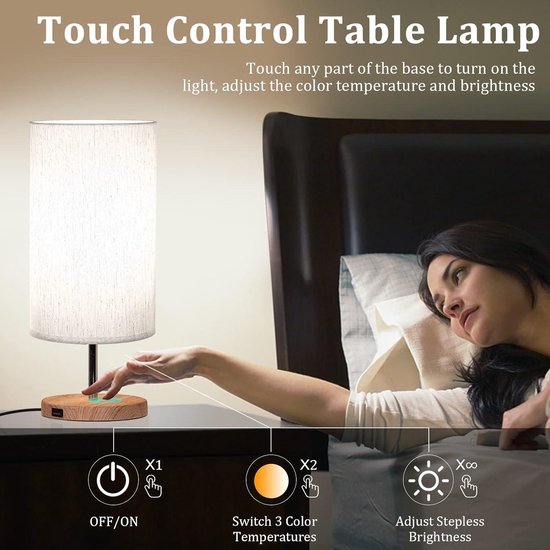 Kamerlamp - Bedlamp - Touch Control Tafellampen Met USB-Oplaadpoorten - Inclusief 3 Kleurveranderende E27-Lampen - Dimbare Bedlampjes Voor Slaapkamer - Woonkamer - Kantoor — afbeelding 5